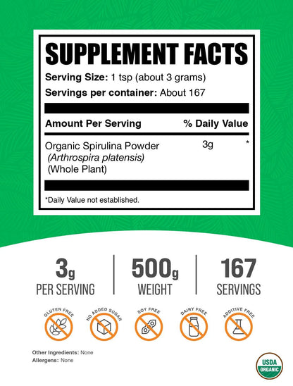 Close up of BulkSupplements green superfood spirulina powder highlighting its fine texture and high protein profile.