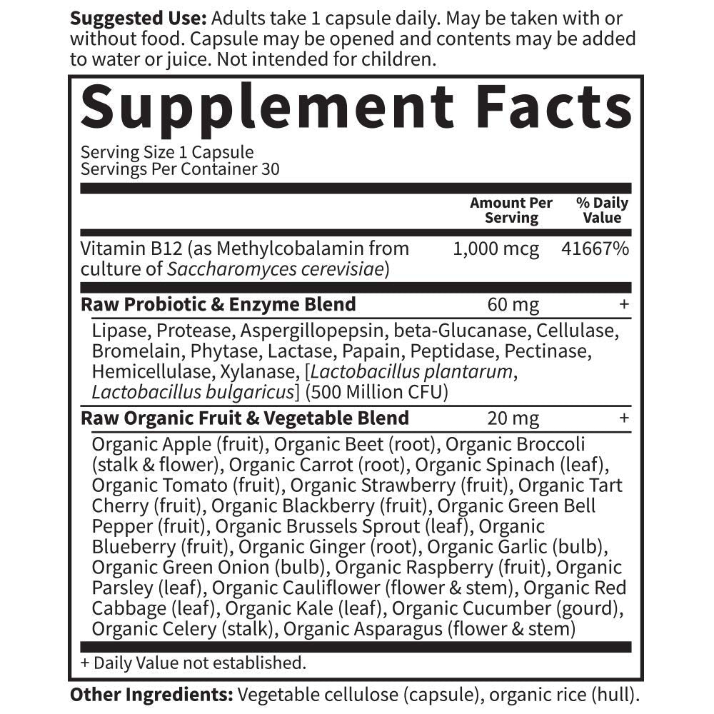 Back of Garden of Life B12 packaging detailing the raw organic fruit and vegetable blend ingredients
