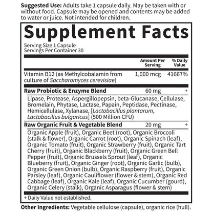 Back of Garden of Life B12 packaging detailing the raw organic fruit and vegetable blend ingredients