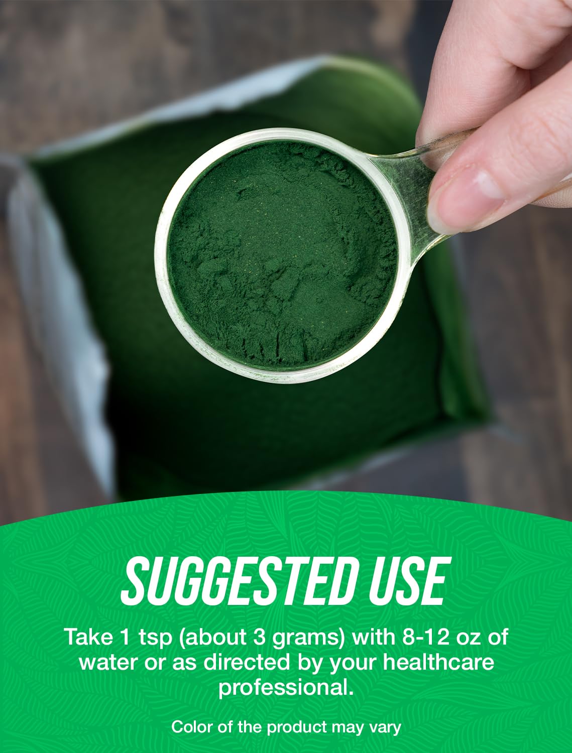 Back label of BulkSupplements Organic Spirulina Powder showcasing cGMP quality standards and allergen warnings.