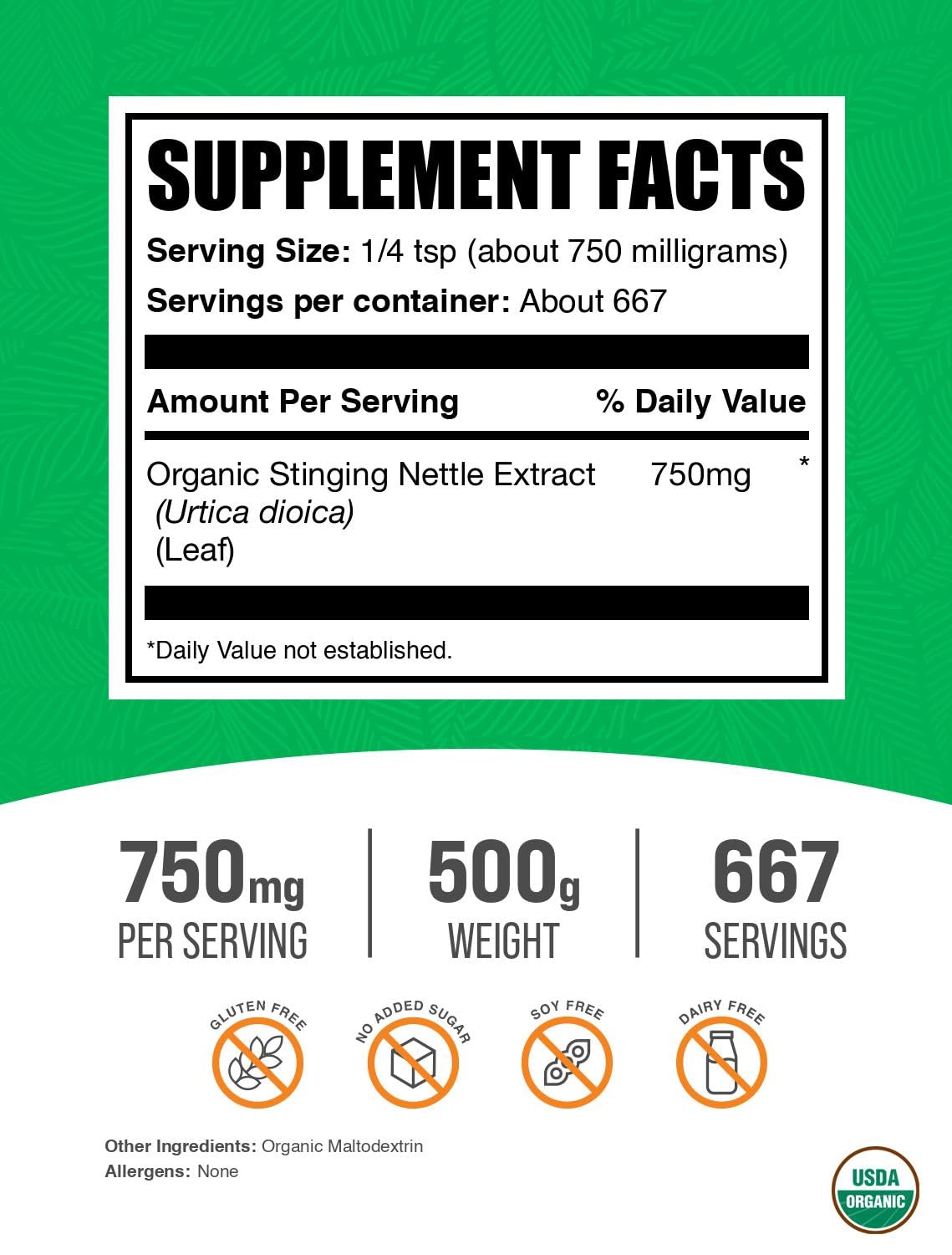BulkSupplements Organic Stinging Nettle Extract 500 grams packaging
