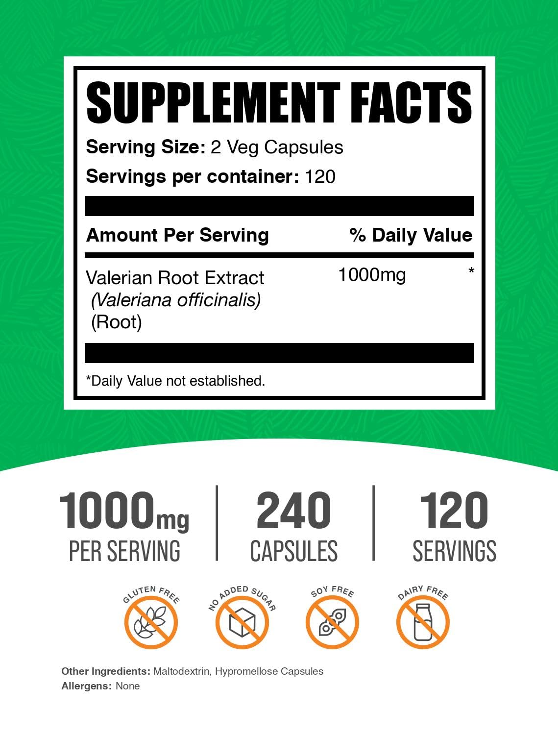 BulkSupplements Valerian Root Extract dietary supplement supplement facts and nutritional information panel