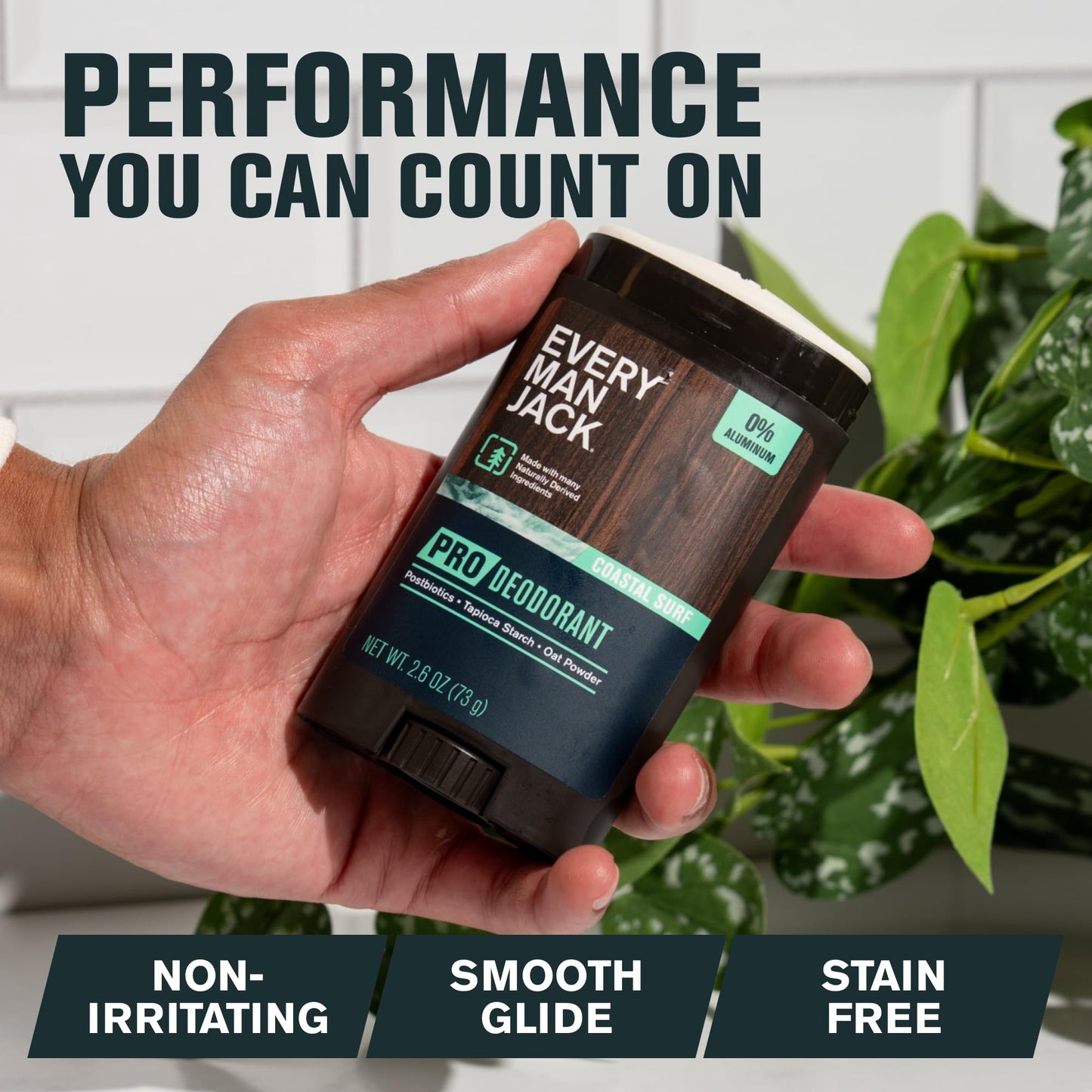 Every Man Jack mens natural deodorant stick standing upright on a clean background.