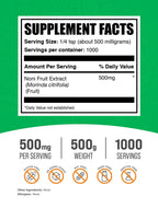 Back label of BulkSupplements Noni Fruit Extract showing ingredients and serving size details.