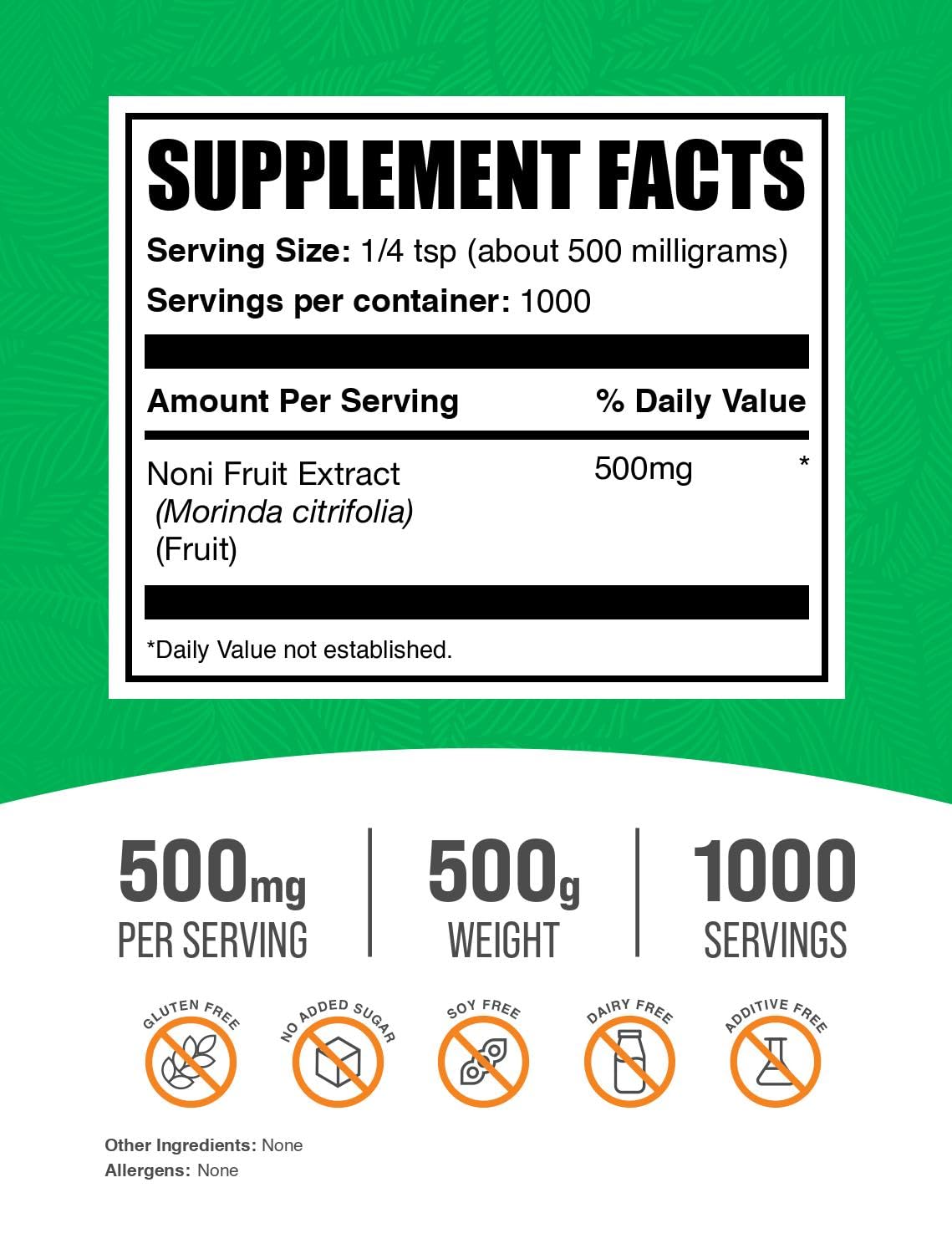 Back label of BulkSupplements Noni Fruit Extract showing ingredients and serving size details.