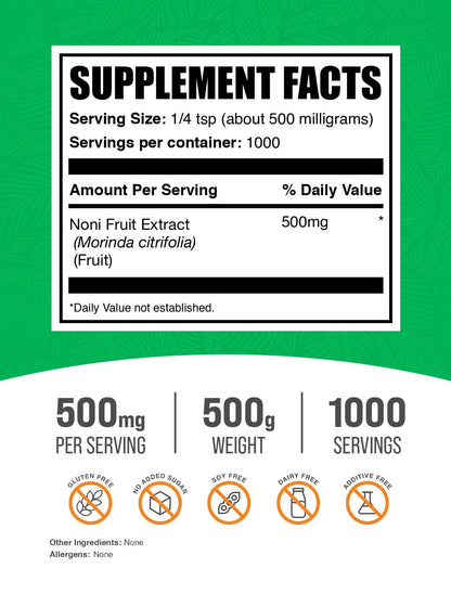 Back label of BulkSupplements Noni Fruit Extract showing ingredients and serving size details.