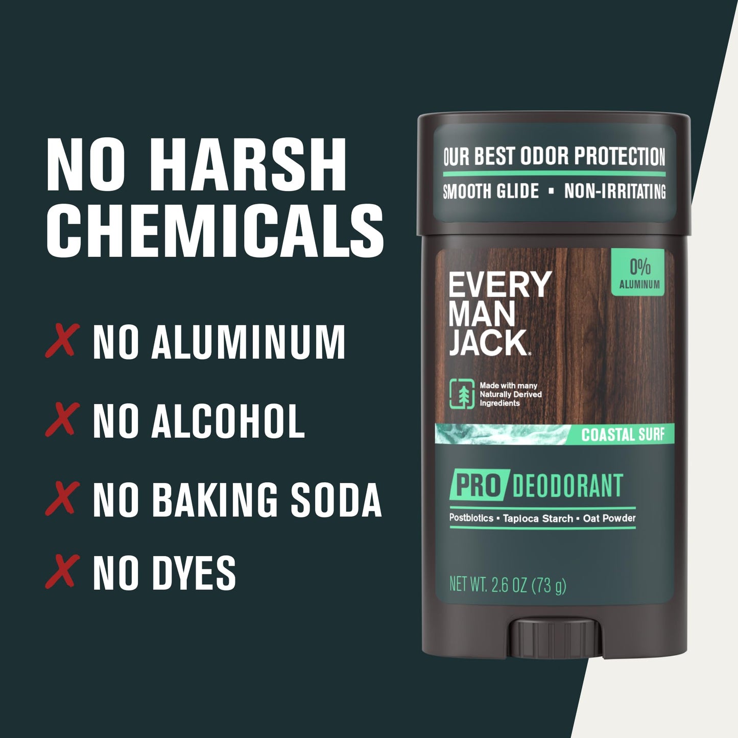 Side angle view of the Every Man Jack mens premium aluminum free underarm deodorant.