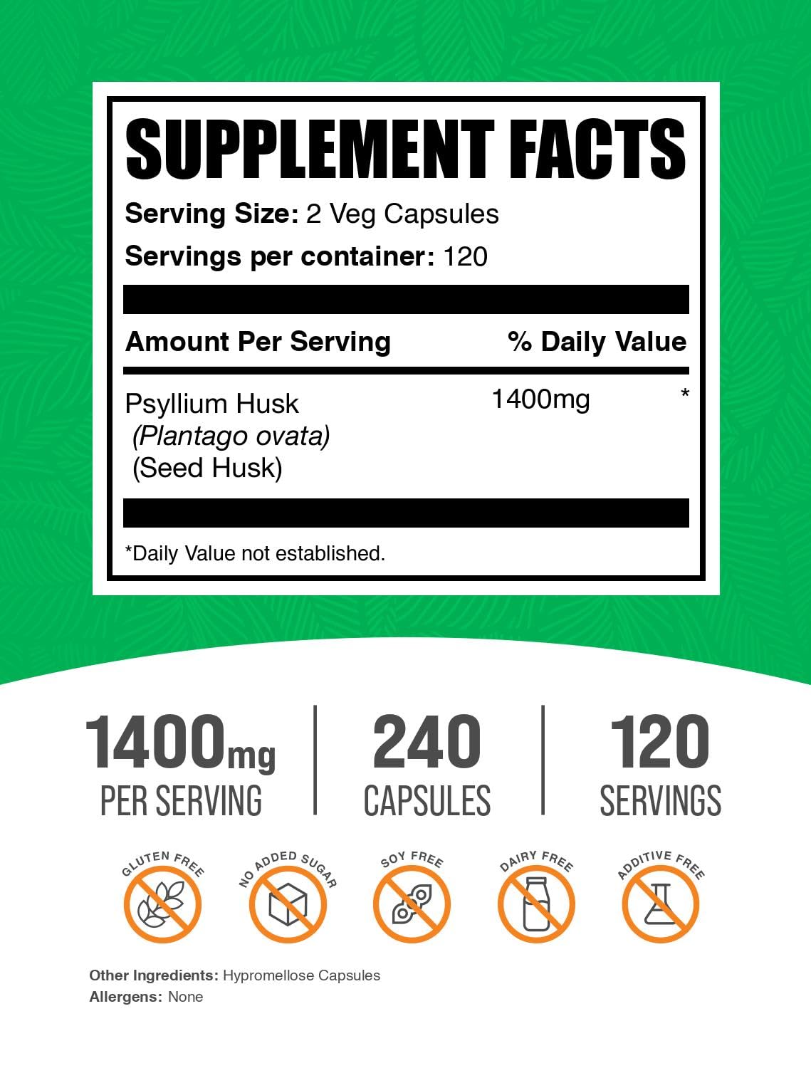 BulkSupplements fiber supplement 240 vegetable capsules label