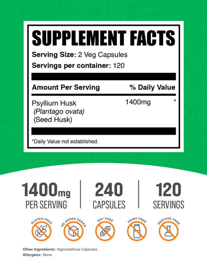 BulkSupplements fiber supplement 240 vegetable capsules label