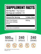 BulkSupplements Noni Fruit Extract 500 milligrams nutritional facts label and ingredient details