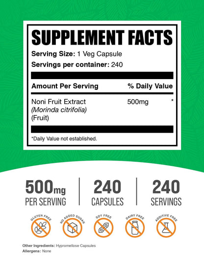 BulkSupplements Noni Fruit Extract 500 milligrams nutritional facts label and ingredient details
