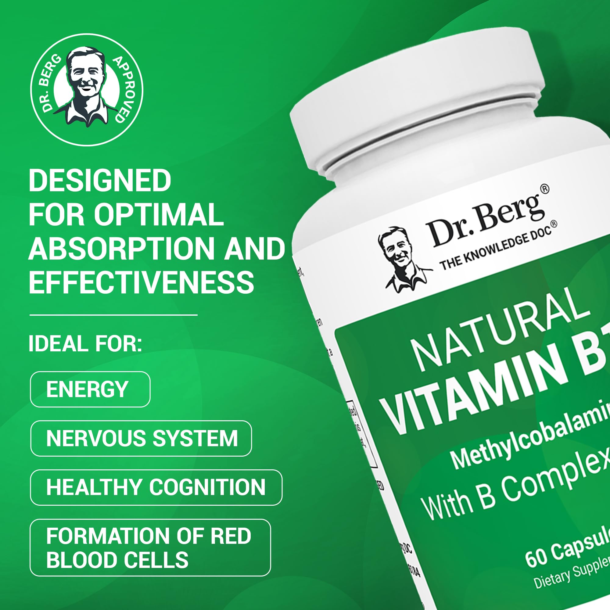 Side angle of Dr. Berg methylated B12 supplement packaging highlighting vegetarian and gluten free labels.