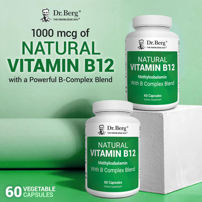 Authentic imported Dr. Berg natural vitamin B12 sixty capsule bottle showing clear brand seals.