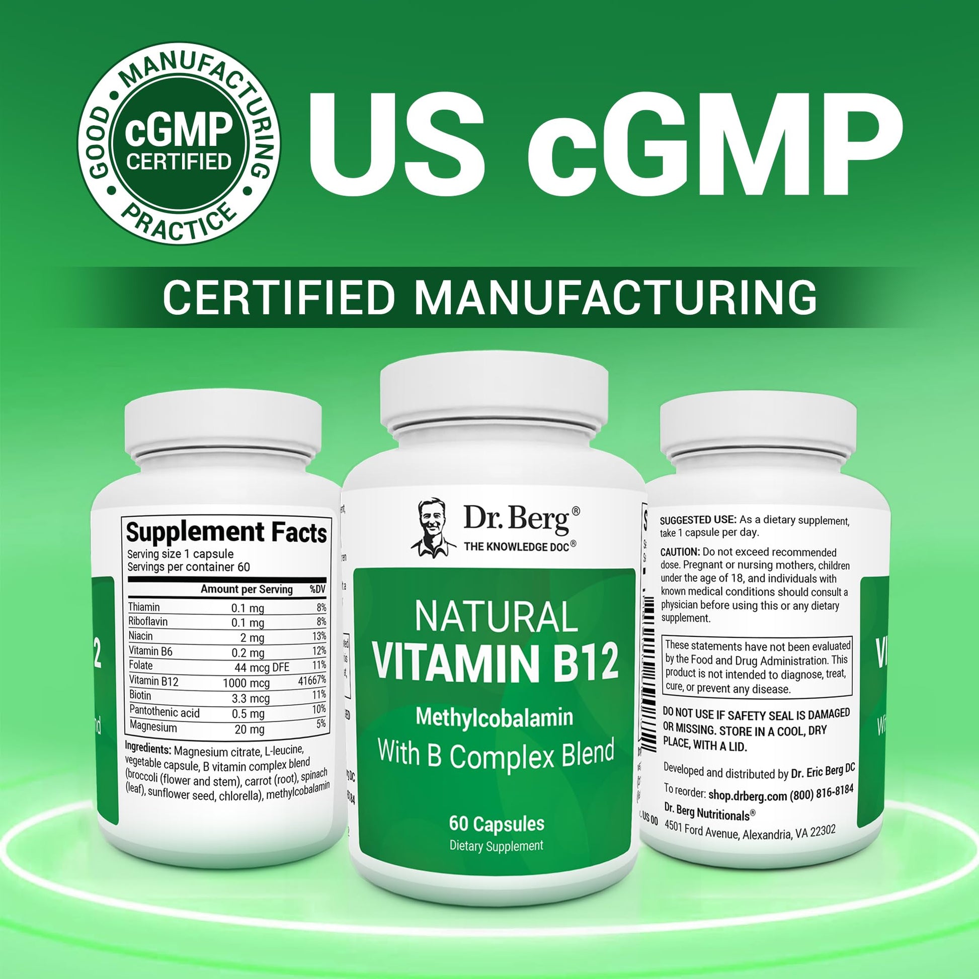 Top view of Dr. Berg nutritionals vitamin B12 container next to dietary supplement capsules.