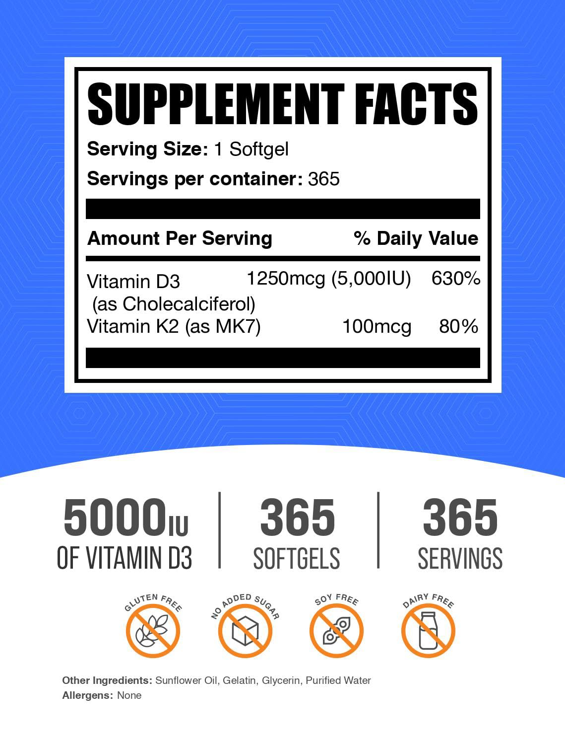 Authentic BulkSupplements Vitamin D3 and K2 softgels label detail