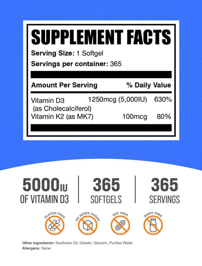 Authentic BulkSupplements Vitamin D3 and K2 softgels label detail
