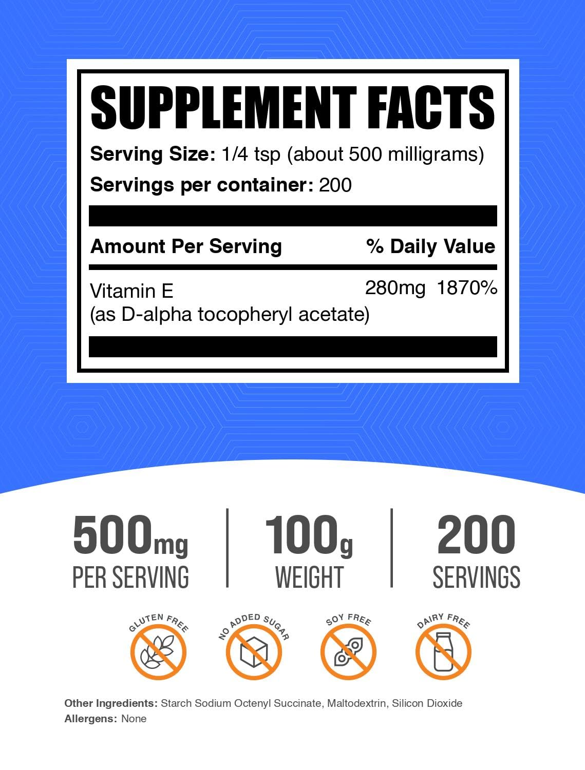 BulkSupplements Vitamin E powder nutritional facts label with serving size details and gluten free dietary attributes.