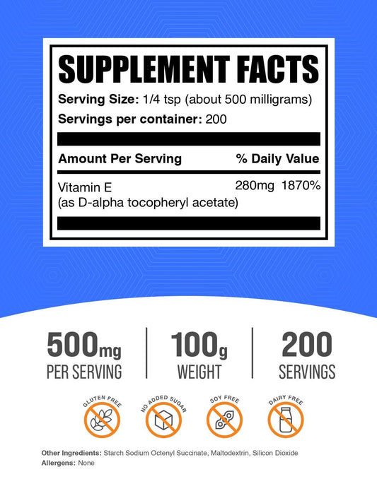 BulkSupplements Vitamin E powder nutritional facts label with serving size details and gluten free dietary attributes.