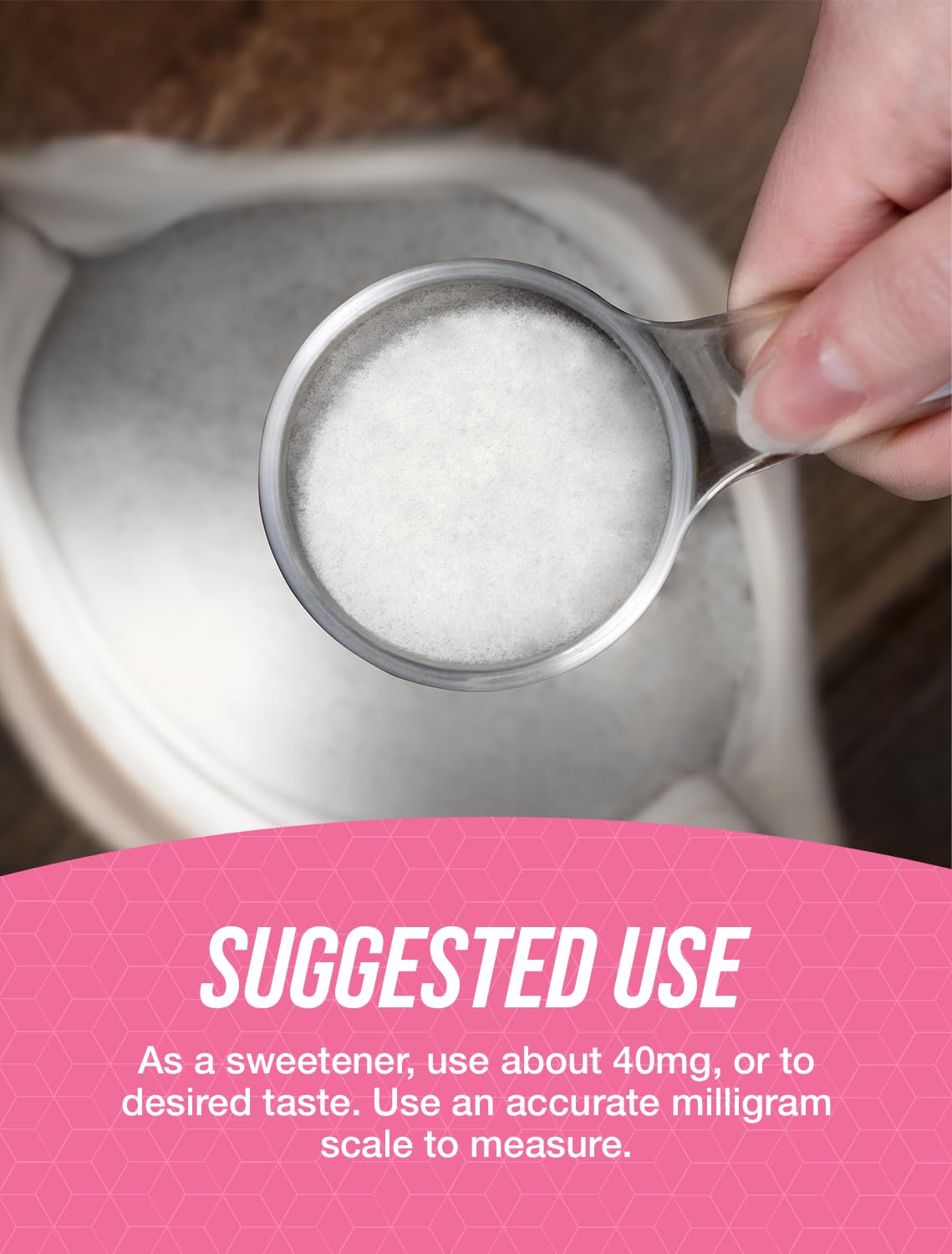 Zero calorie natural sugar substitute powder placed next to a hot morning coffee cup on a clean counter
