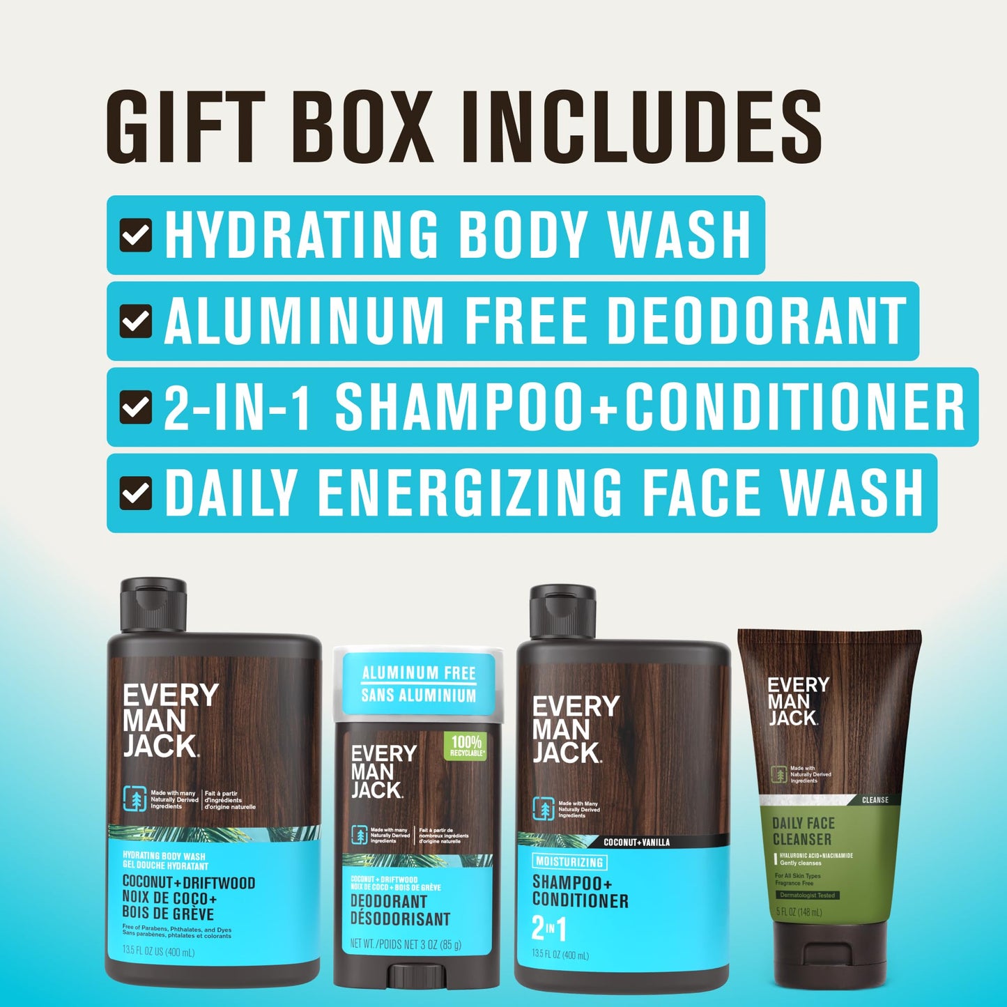 Every Man Jack Coconut and Driftwood set showcasing the four individual clean ingredient personal care items
