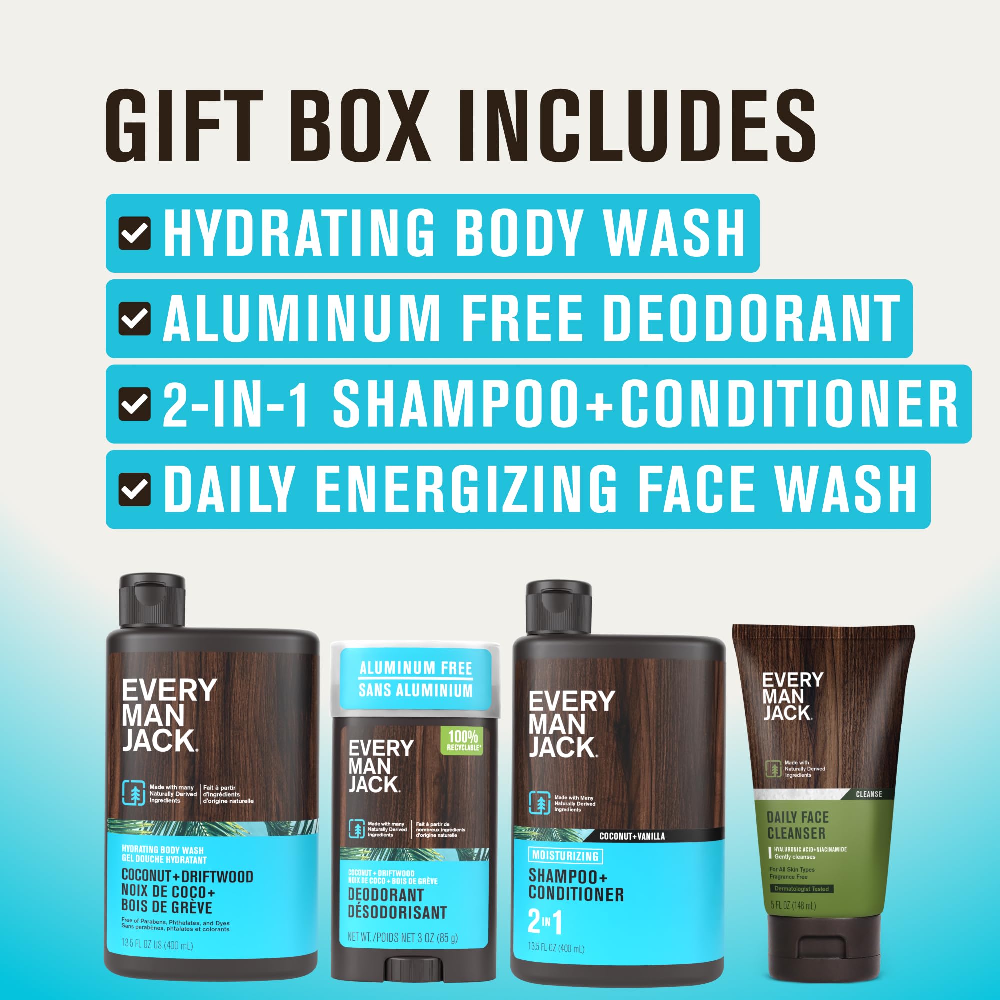 Every Man Jack Coconut and Driftwood set showcasing the four individual clean ingredient personal care items