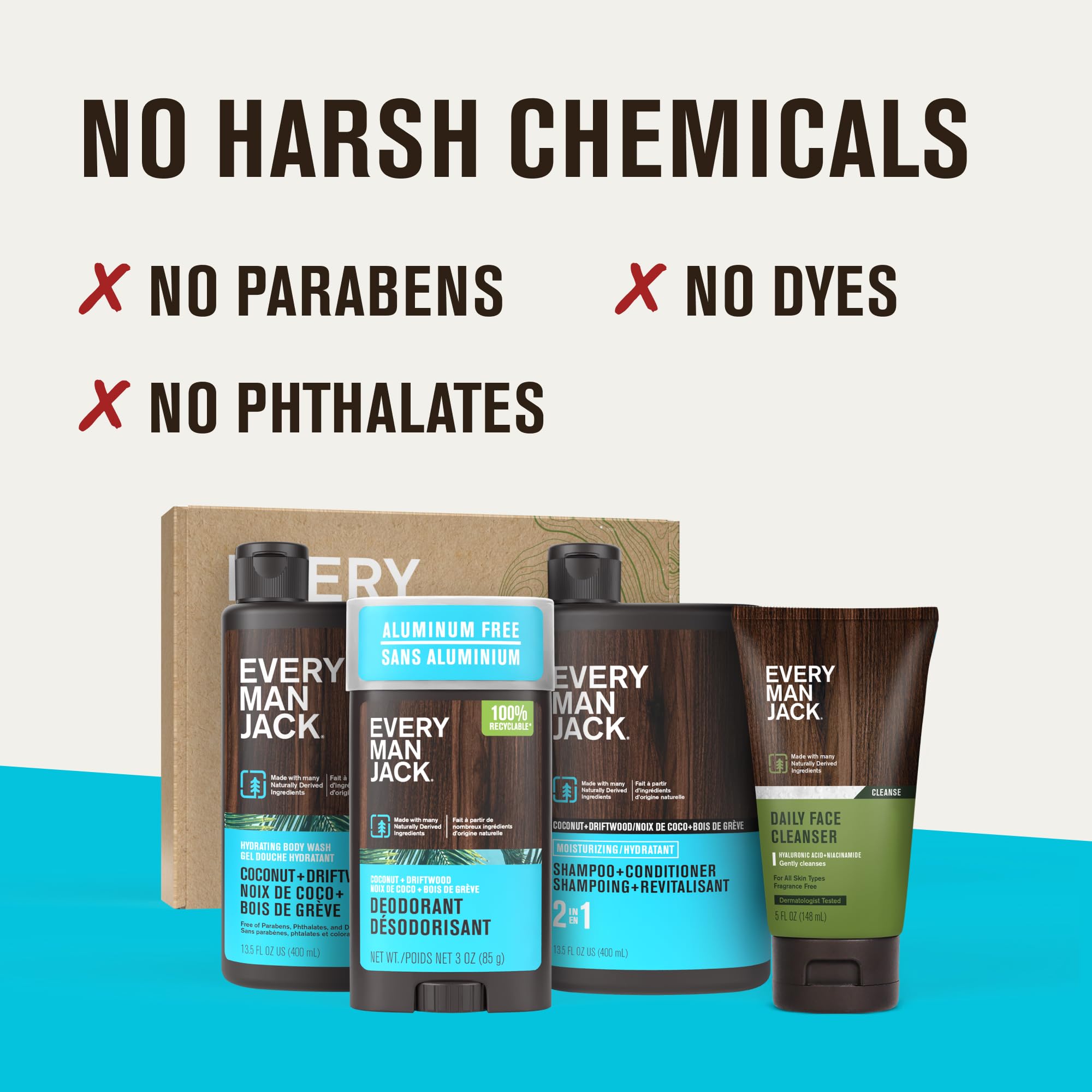 Every Man Jack aluminum-free deodorant and body wash bottles highlighting the tropical woodsy scent variant