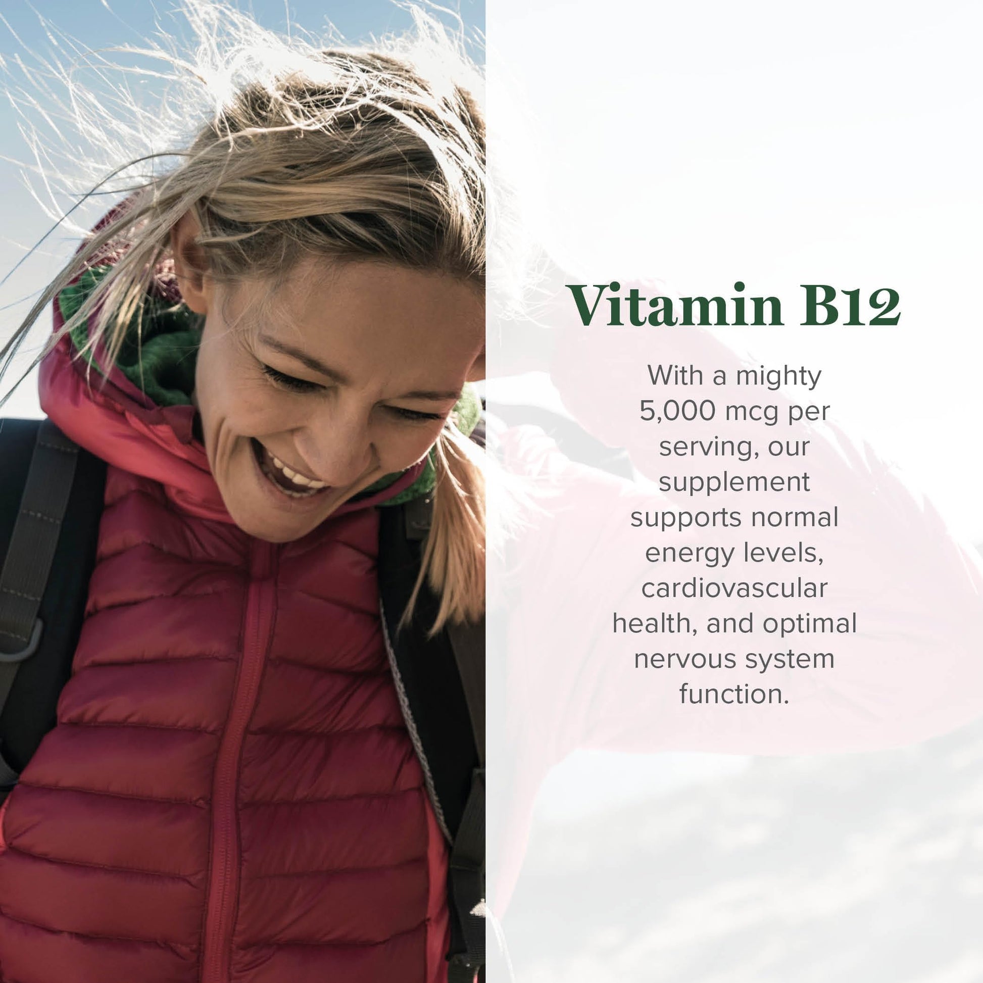 Side angle of organic liquid B12 bottle showing triple-blend ingredient labels and dietary certifications.
