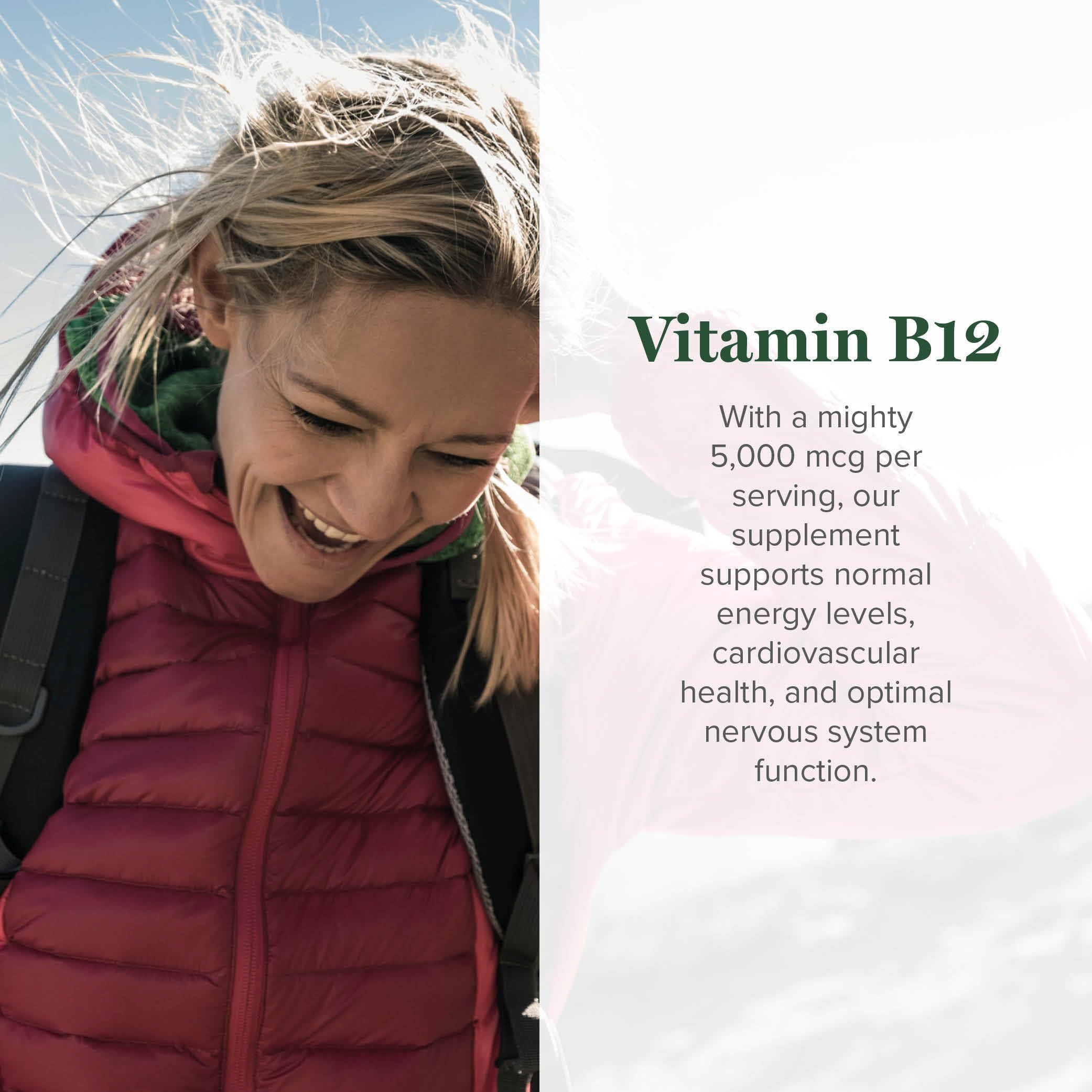 Side angle of organic liquid B12 bottle showing triple-blend ingredient labels and dietary certifications.