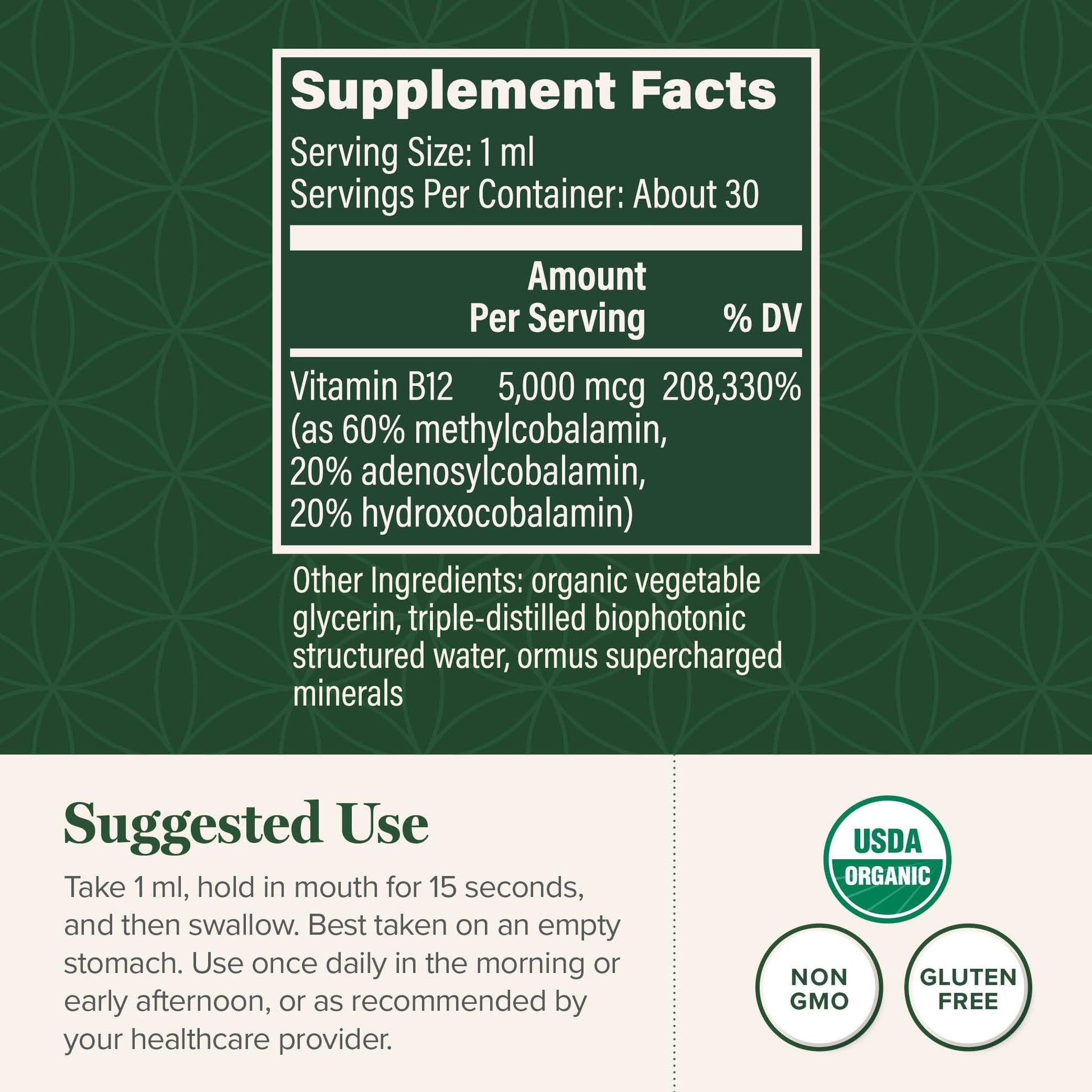 Back label view displaying nutritional facts, 60 servings count, and sublingual usage instructions.