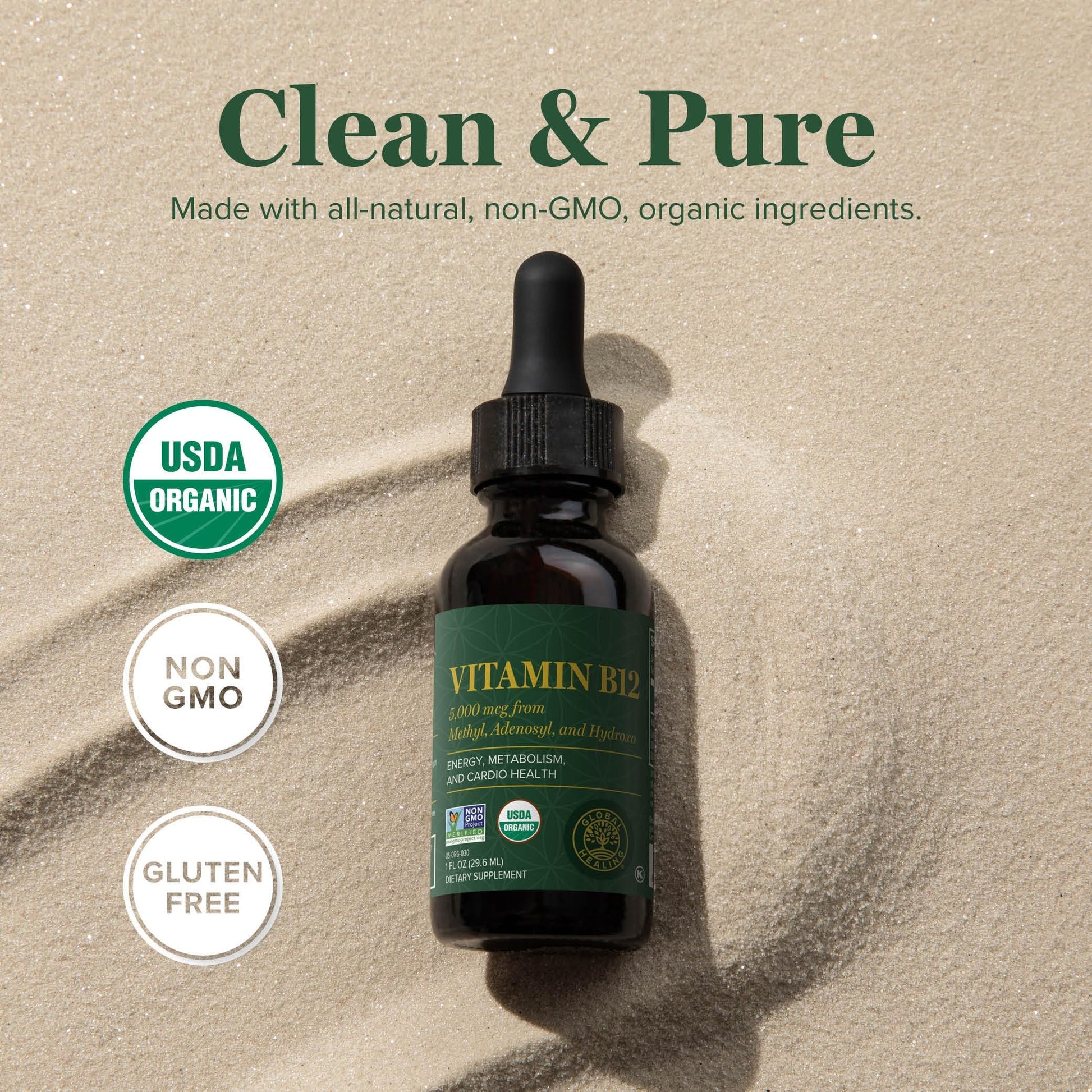 Close-up of the biophotonic glass dropper containing vegan metabolism liquid drops.