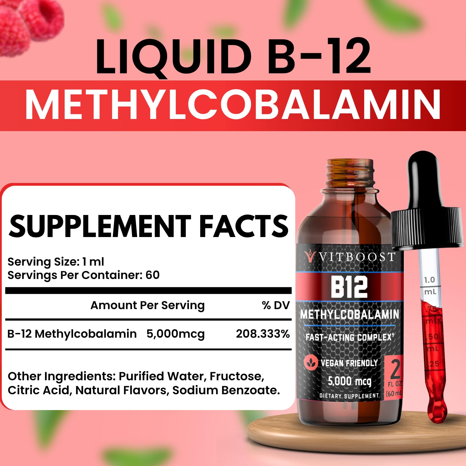 VITBOOST extra strength sublingual vitamin B12 supplement dropper application details