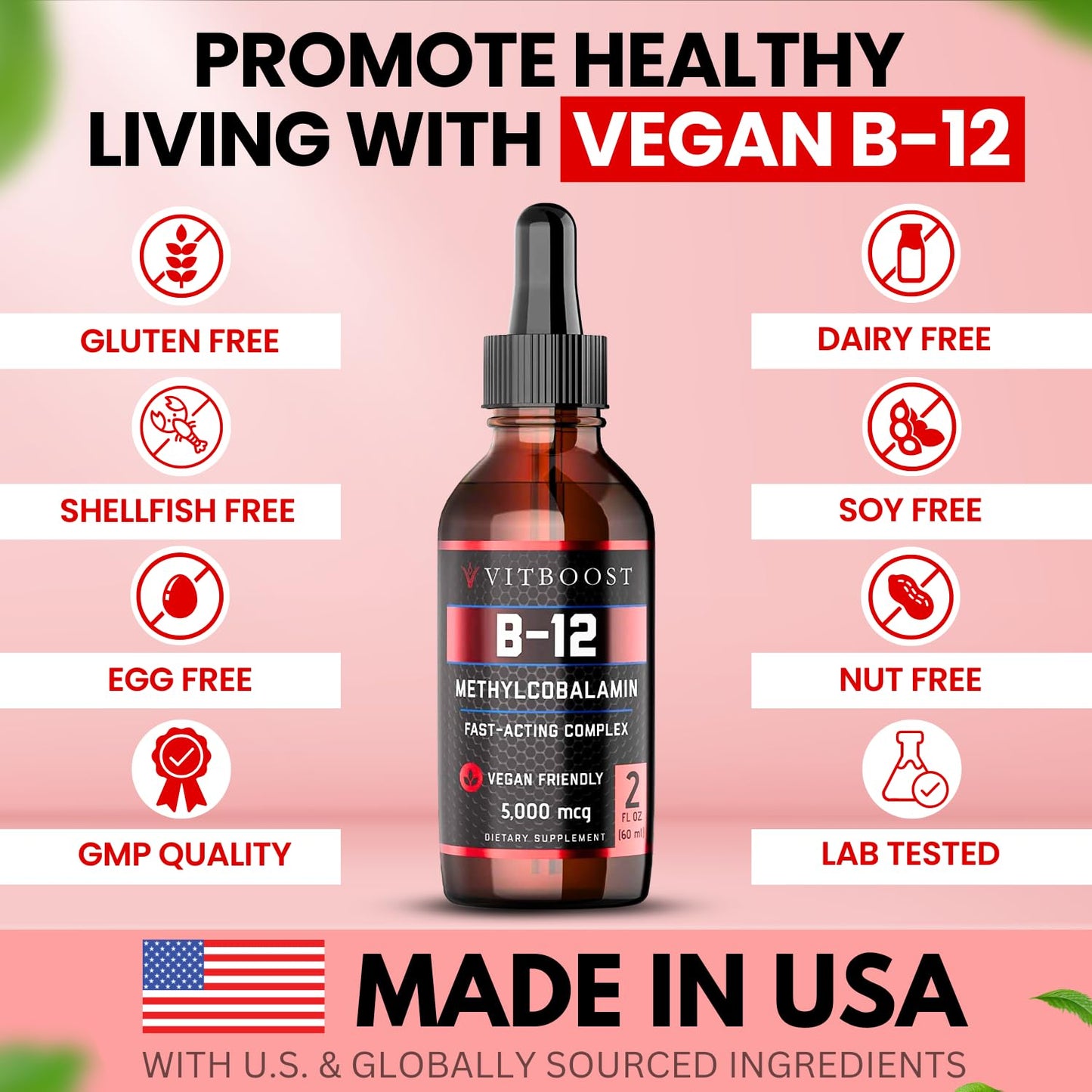 Back label of VITBOOST liquid B12 showing 5000 mcg supplement facts
