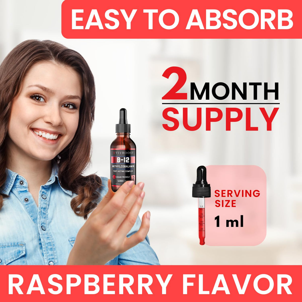 Side angle shot of VITBOOST raspberry flavored energy support drops bottle