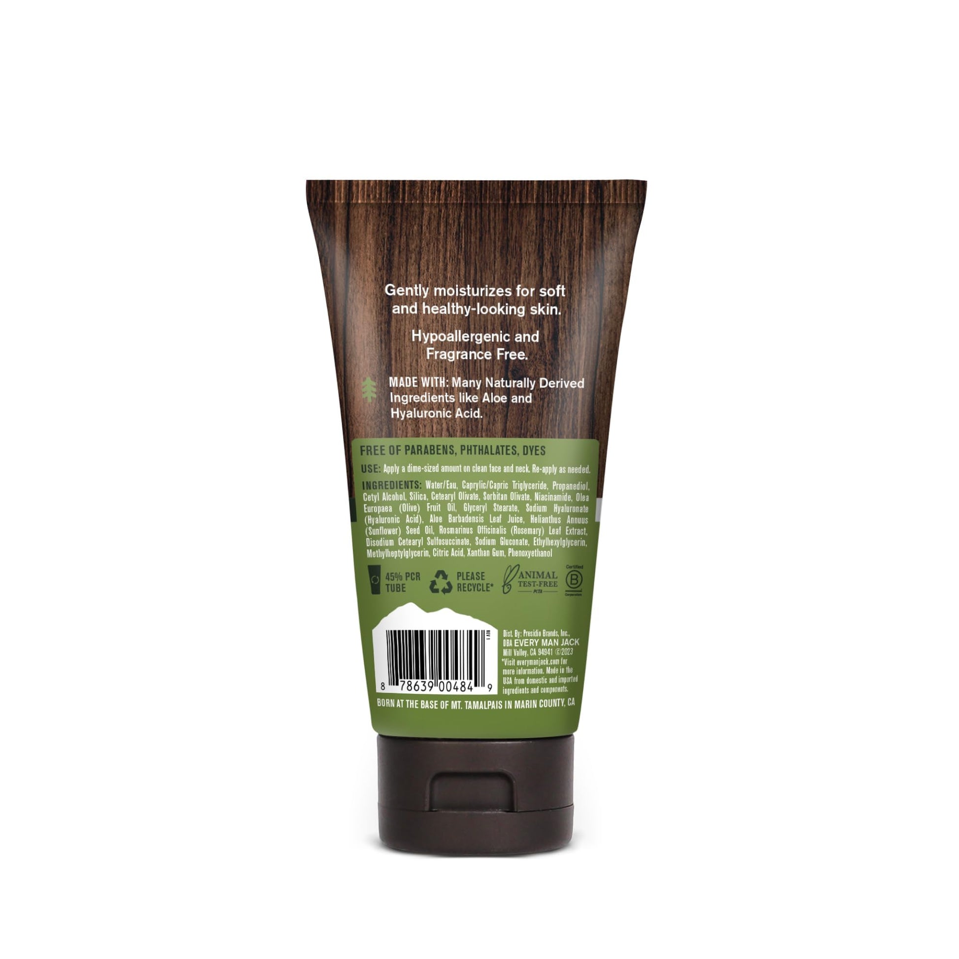 Back label of Every Man Jack face wash and moisturizer set with full directions and ingredients list