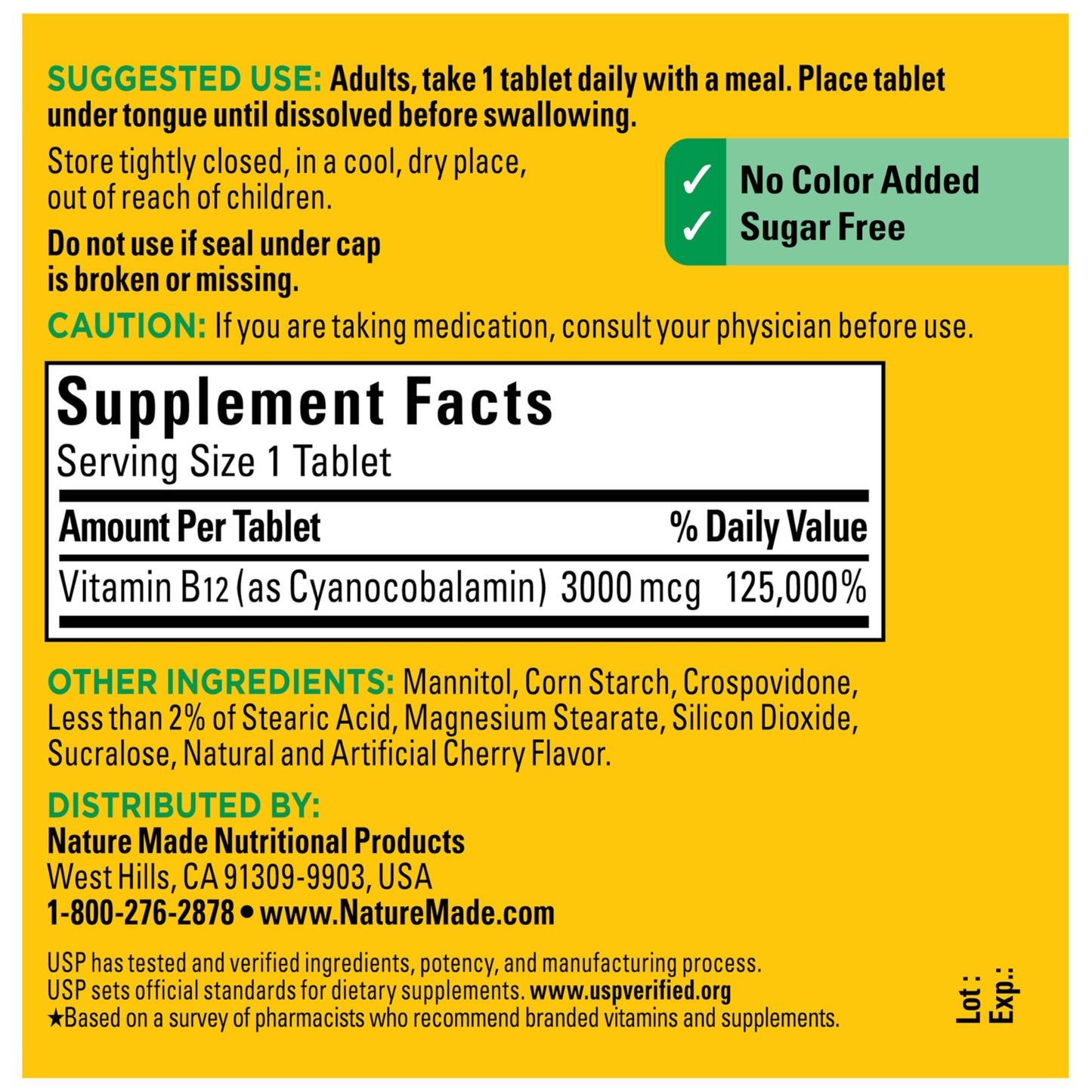 Nature Made cherry flavor sugar free B12 sublingual supplement directions and warning label