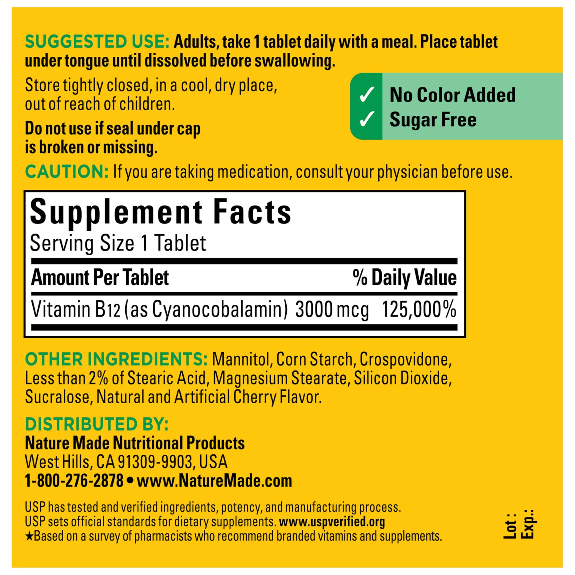 Nature Made cherry flavor sugar free B12 sublingual supplement directions and warning label