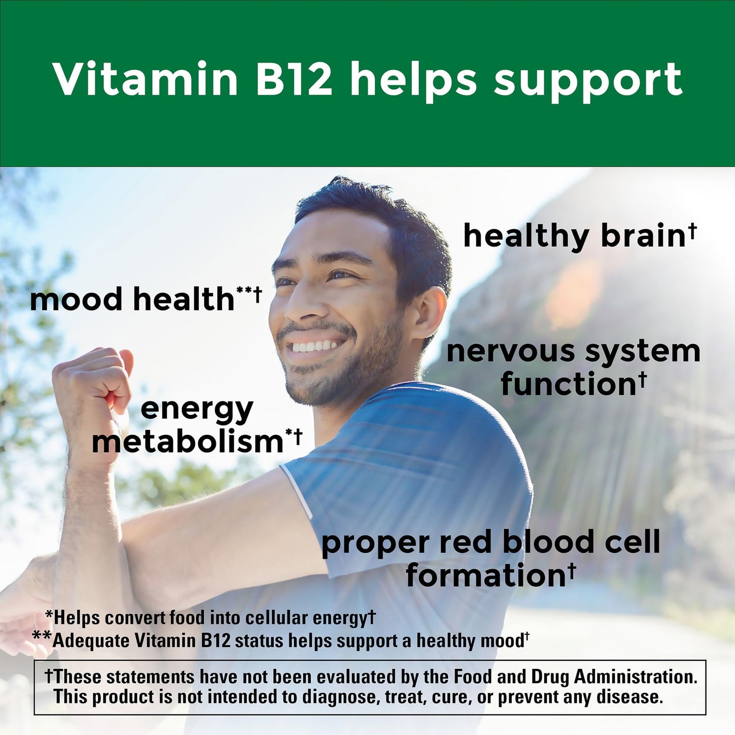 High potency Nature Made B12 2500 mcg supplement facts and clean ingredient list on side of the bottle