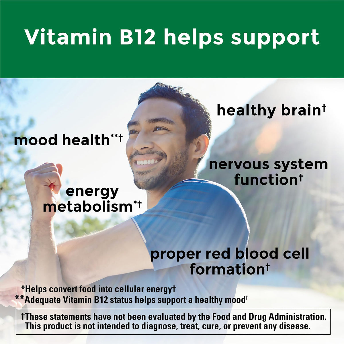 High potency Nature Made B12 2500 mcg supplement facts and clean ingredient list on side of the bottle