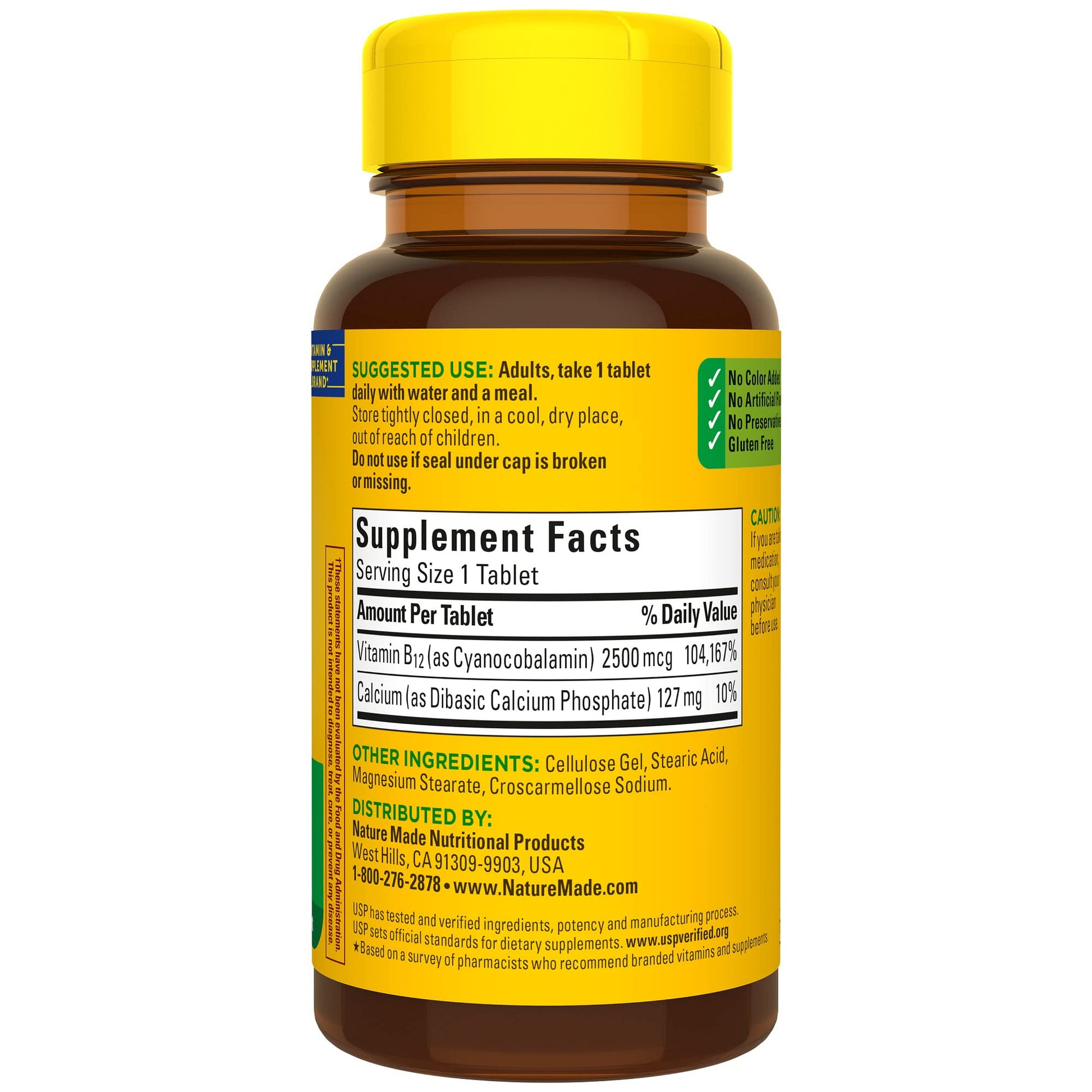 Nature Made Extra Strength Vitamin B12 tablets displaying zero artificial flavors and no added colors assurance