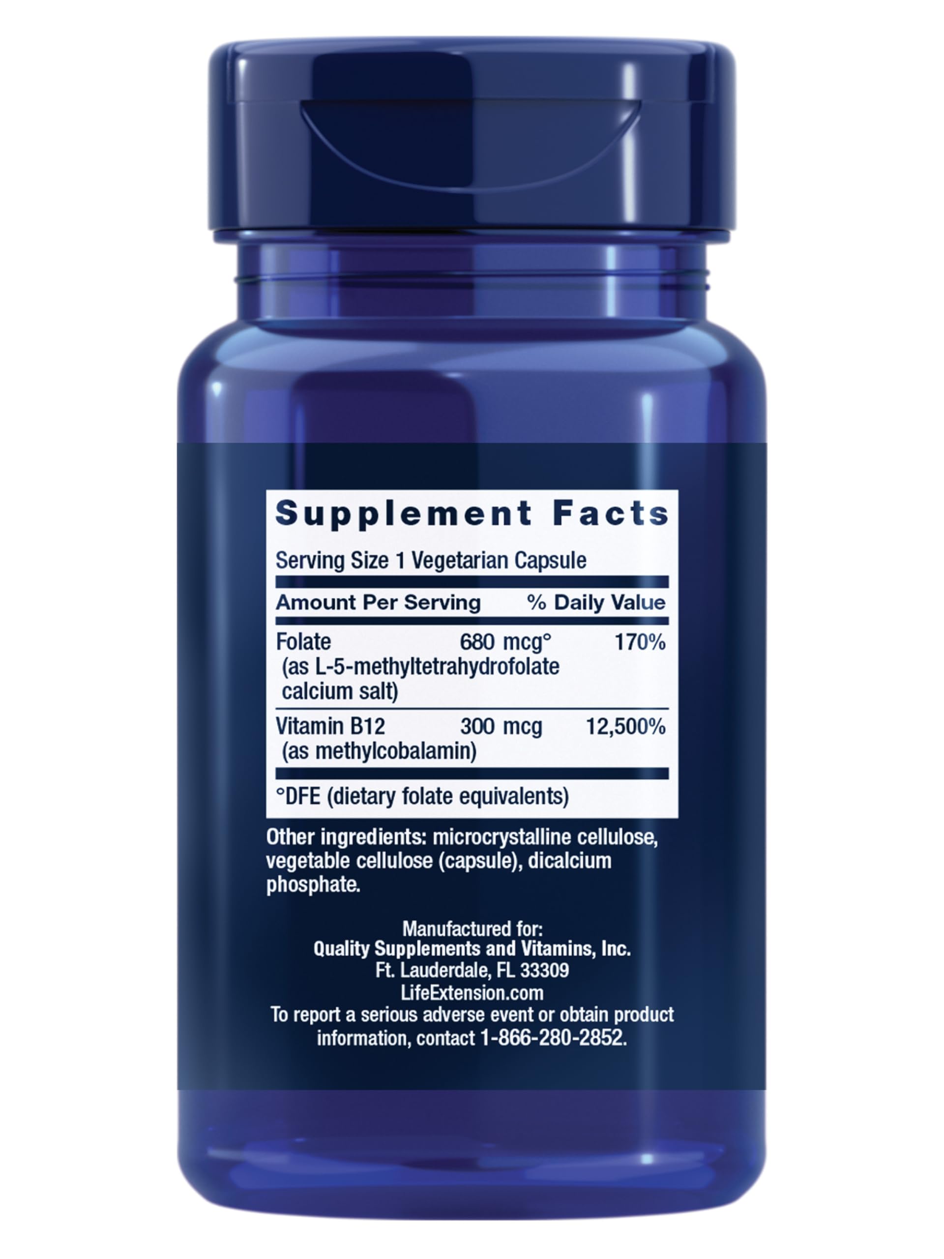 Life Extension methylated B12 and folate 90 vegetarian capsules supplement facts label