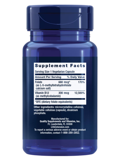 Life Extension methylated B12 and folate 90 vegetarian capsules supplement facts label