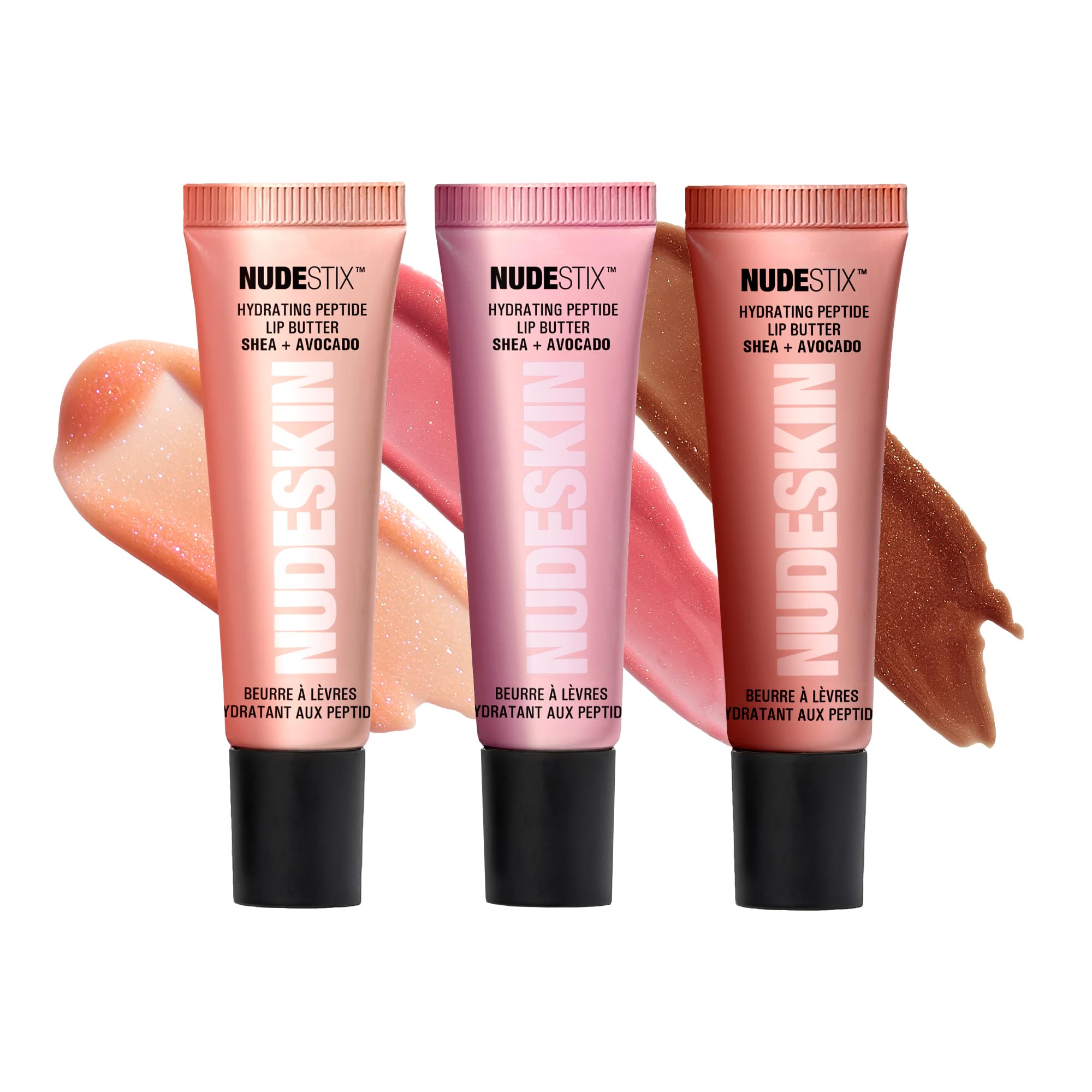 Nudestix NudeGlow lip butter tubes showing three shimmer shades