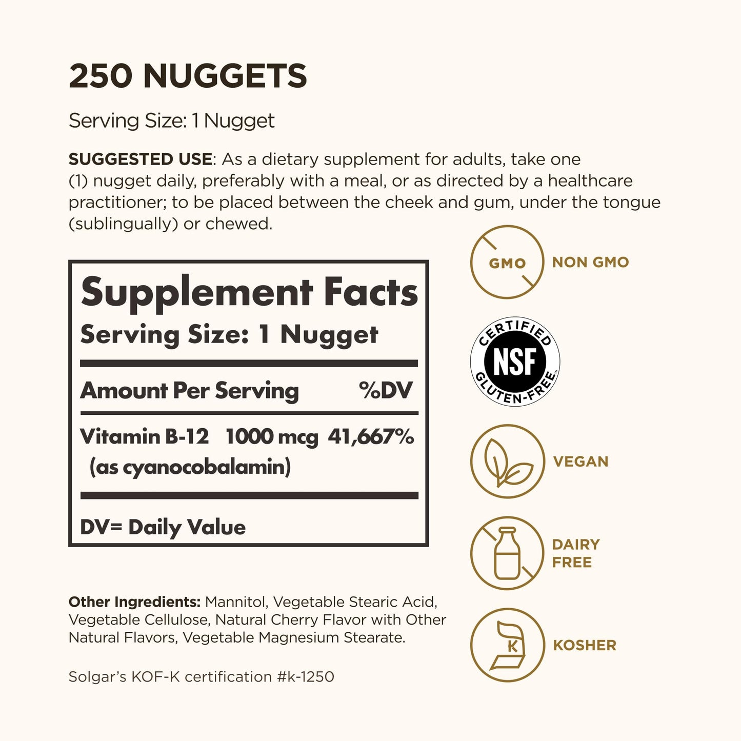 Solgar Vitamin B12 supplement nutritional facts label and clean ingredients breakdown