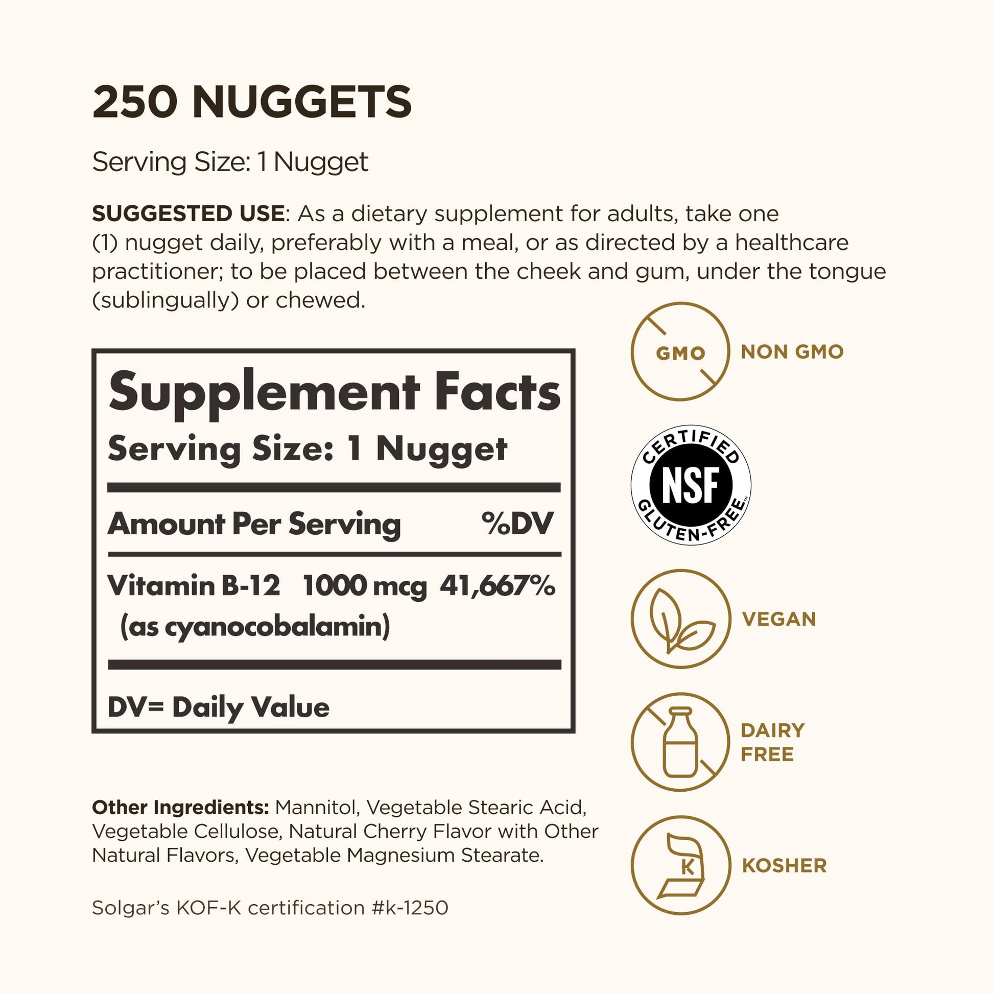 Solgar Vitamin B12 supplement nutritional facts label and clean ingredients breakdown