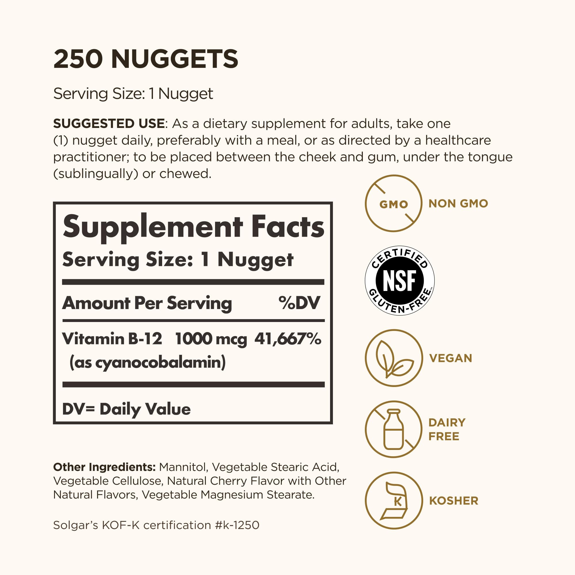 Solgar Vitamin B12 supplement nutritional facts label and clean ingredients breakdown
