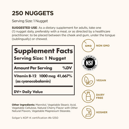 Solgar Vitamin B12 supplement nutritional facts label and clean ingredients breakdown