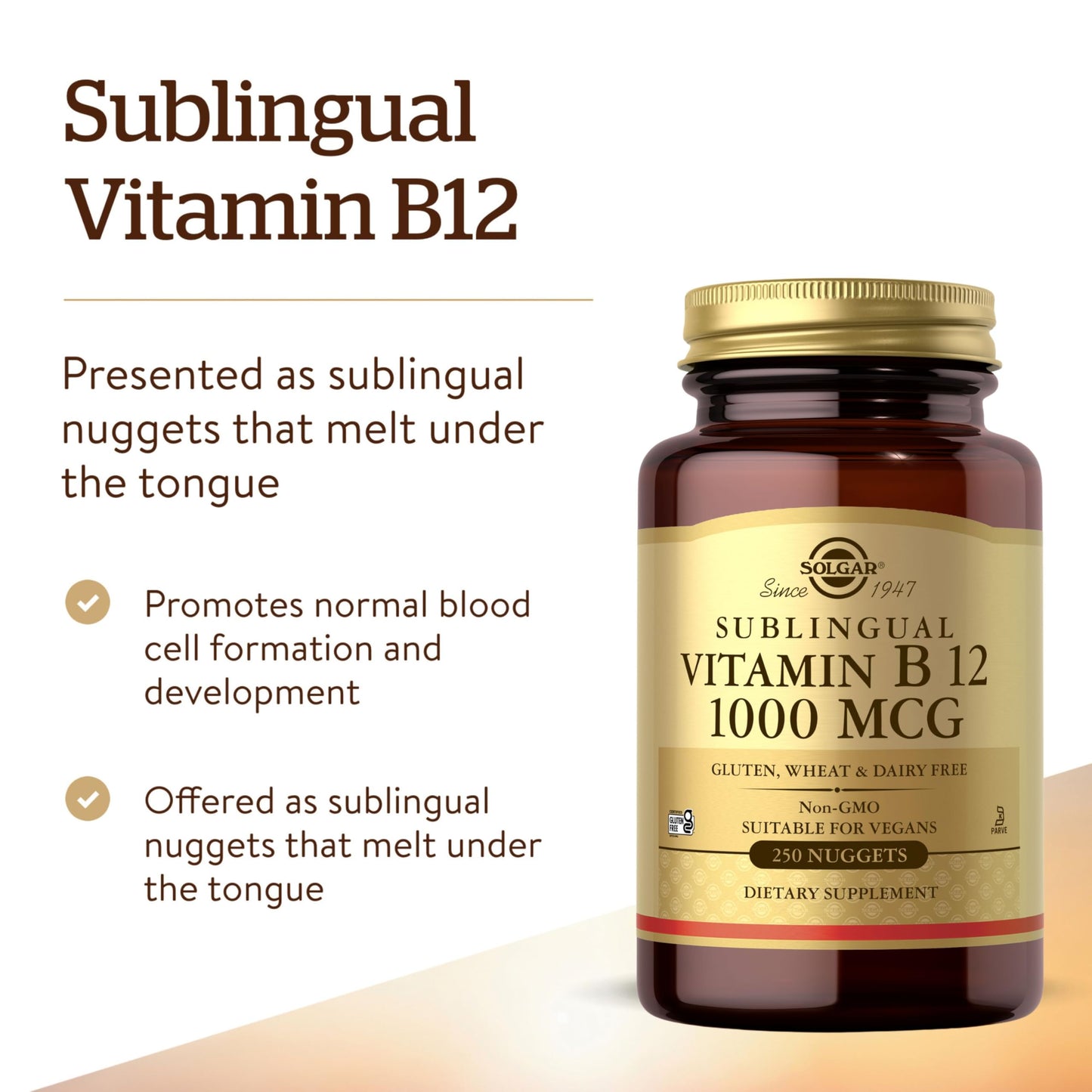 Solgar B12 sublingual cherry flavored nuggets close up showing tablet size
