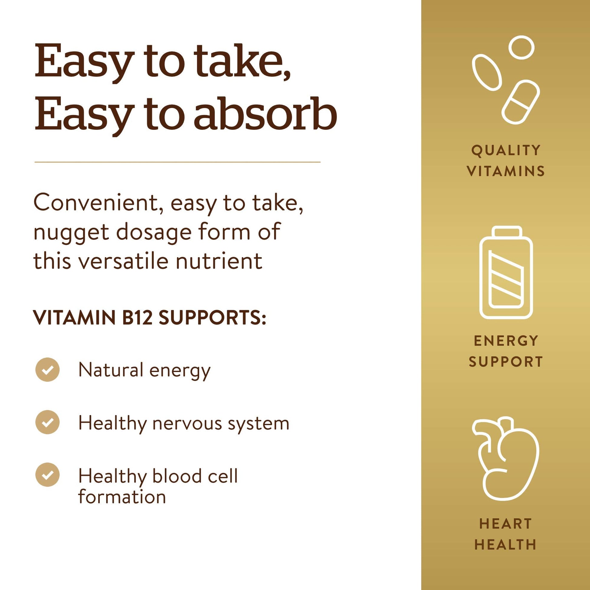 Side view of Solgar Vitamin B12 brown glass bottle with certified vegan and gluten free logos