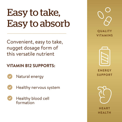 Side view of Solgar Vitamin B12 brown glass bottle with certified vegan and gluten free logos