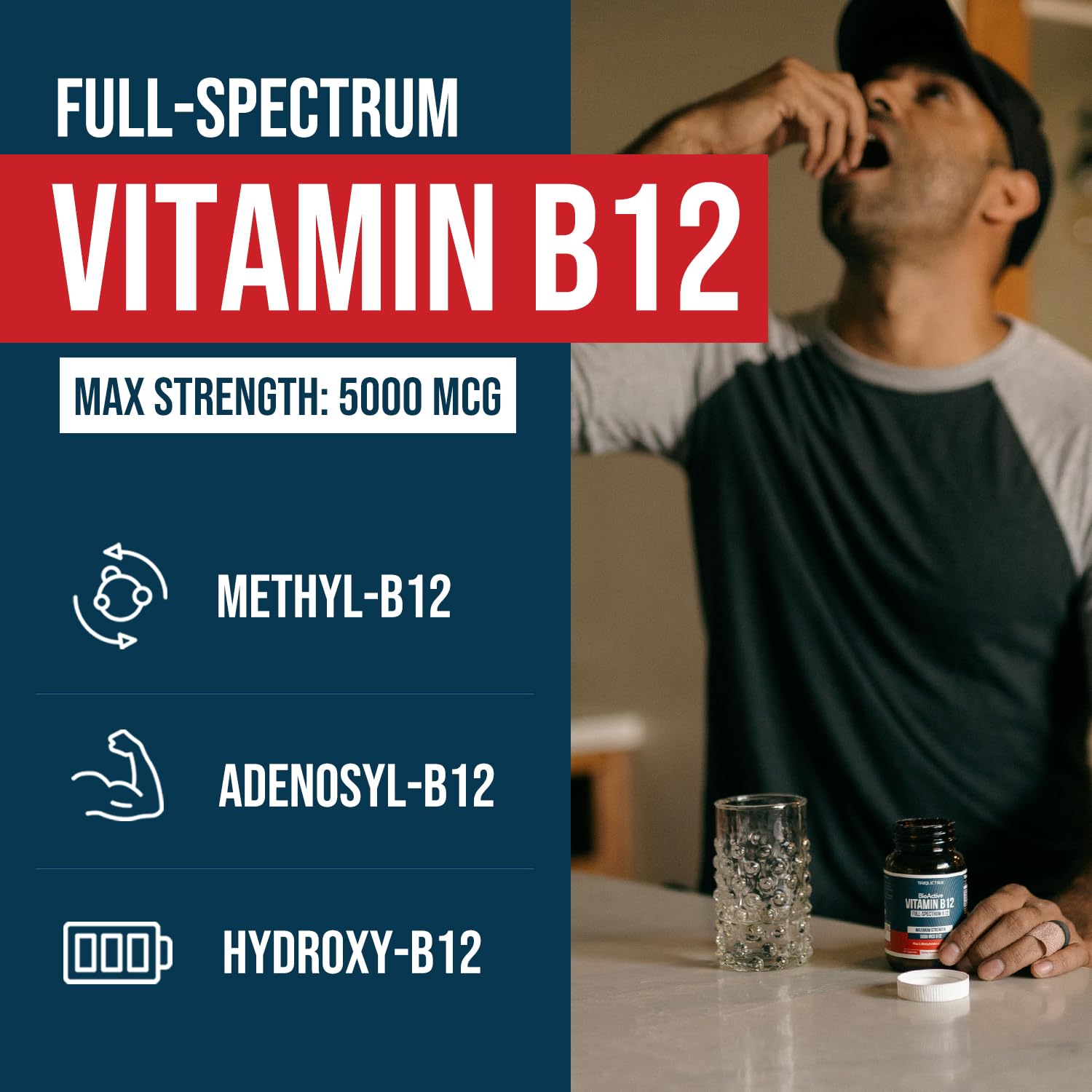Triquetra Health full spectrum energy supplement showing supplement facts label with triple B12 blend